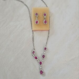 925 Sterling Silver Ruby Natural Gemstone 8" Necklace & Earrings Italy Silk Case
